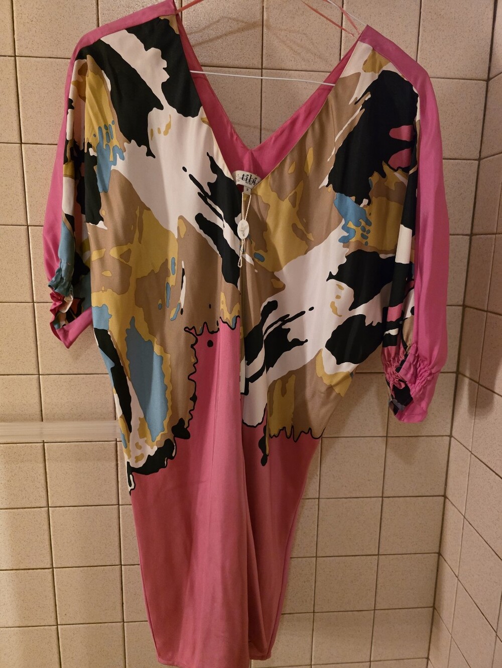 TIBI Colorblock Abstract V-Neck Tunic Dress in Pink and Multicolor